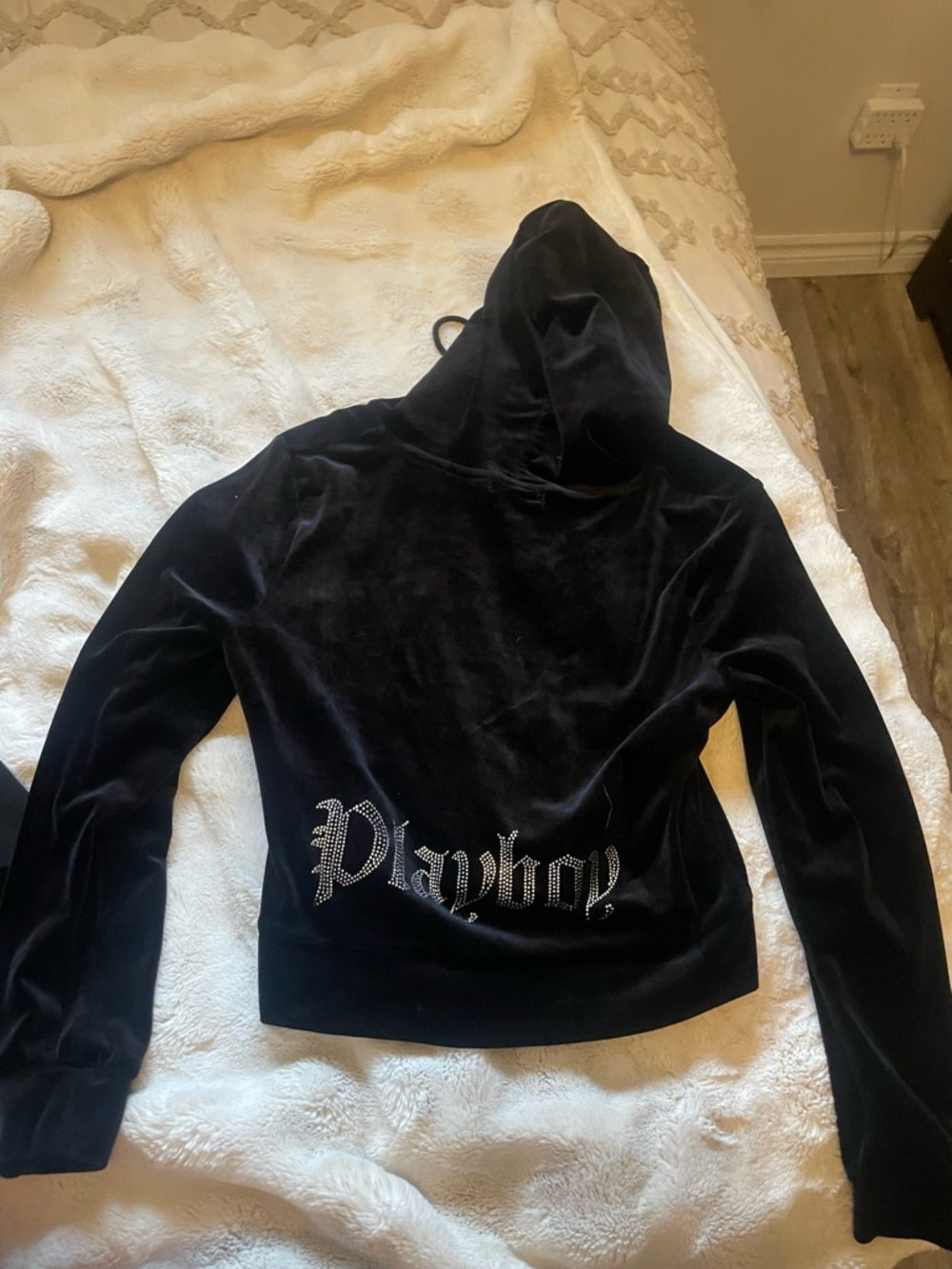 PLAYBOY Black Velour Hoodie with Rhinestone Logo
